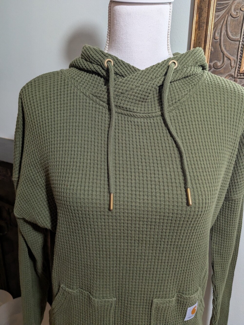 Carhartt Relaxed Fit Waffle Knit Thermal Hoodie Shirt Olive Pockets Wmns Small - Picture 2 of 10